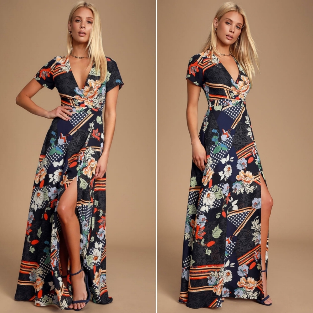 Aleta Navy Blue Print Short Sleeve Surplice Maxi Dress